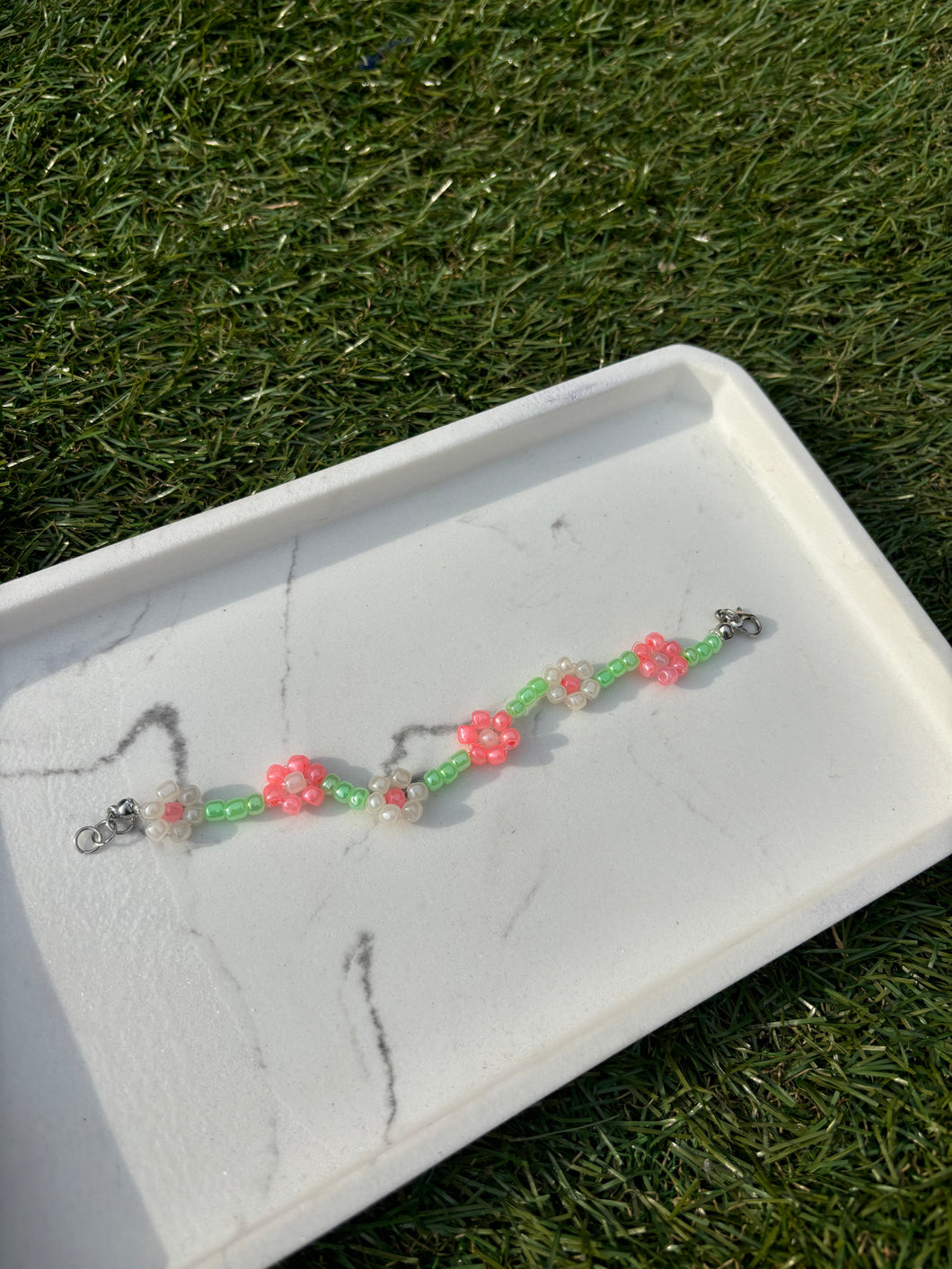 Coral and white seed bead flower bracelet